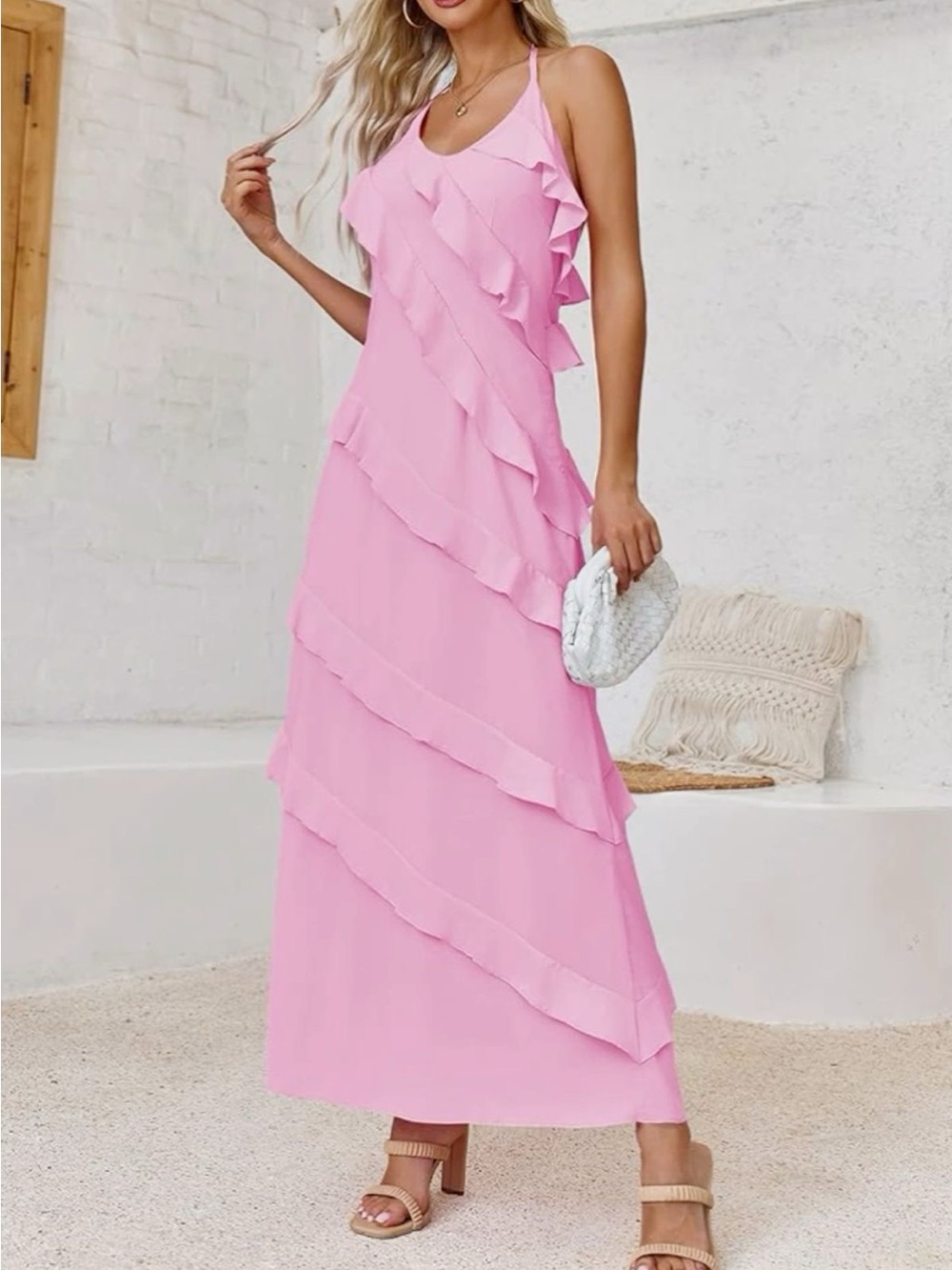 Sleeveless Pink Ruffle Maxi Dress